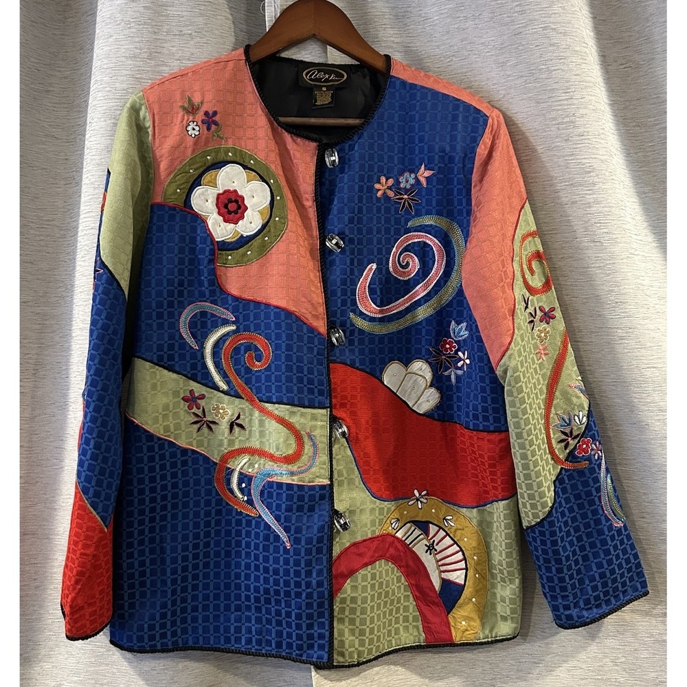 Alex Kim Jacket Womens Small Patchwork Art‎ To Wear Embroidered Boho Retro